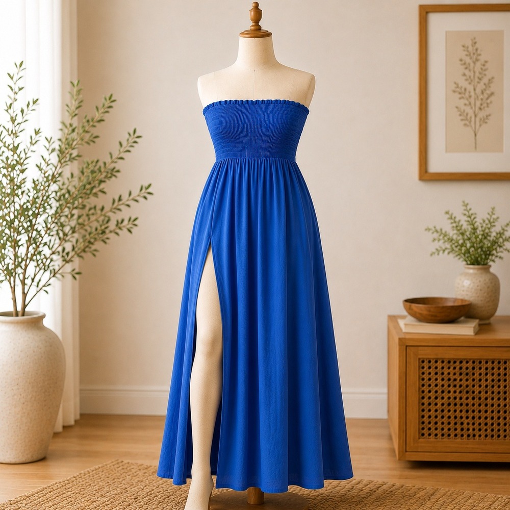 NWT Cupshe‎ Strapless Maxi Dress Womens XL Blue Smocked Side Slit Tube Top Boho